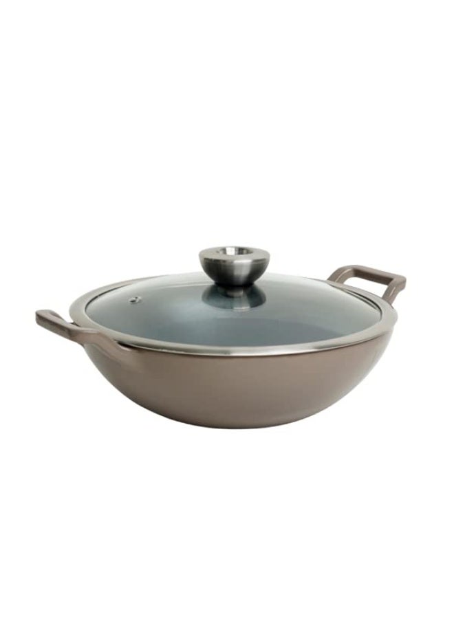 Meyer Enamel Cast Iron Kadai | Iron Kadhai with Lid | Iron Kadai Big Size for Cooking | Deep Kadhai Induction Base | Kadhai Heavy Bottom | Enameled Cast Iron Cookware, 26cm,Grey