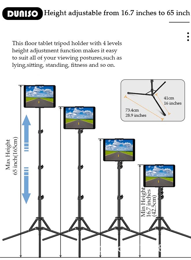 DUNISO Tablet Floor Tripod Stand iPad Tripod Stand Multifunctional Tablet Holder Mount with Adjustable Height for Stream/Watching/Reading, Portable Foldable Tablet Floor Stand Holder for Most Size Tablet  - Image 2