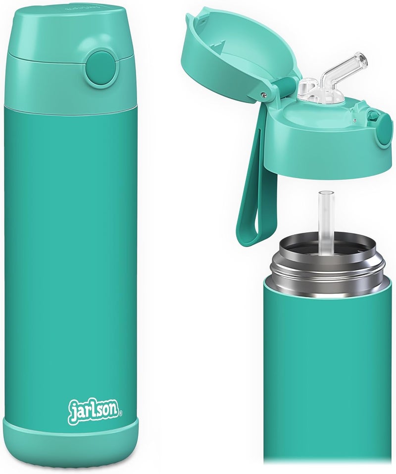 Jarlson قارورة ترمس أطفال جارلسون شارلي 500 مل [مع قشة] – قارورة فولاذية مقاومة للصدأ – ترمس للأطفال والبنات – تحافظ على البرودة – خالية من BPA – مثالية للمدرسة والرياضة والسفر (فيروزي) - Image 1