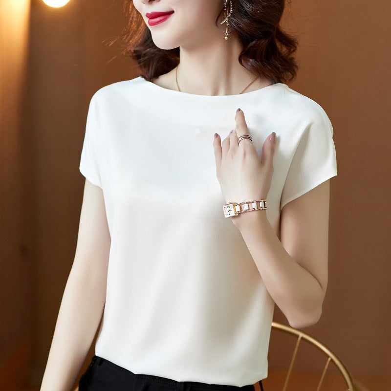 Ice Silk Short-sleeved Solid Color Satin T-shirt Womens Summer New Vest Large Size Womens Slim-fit Slimming Round Neck Base Shirt Cherries Red - Image 2