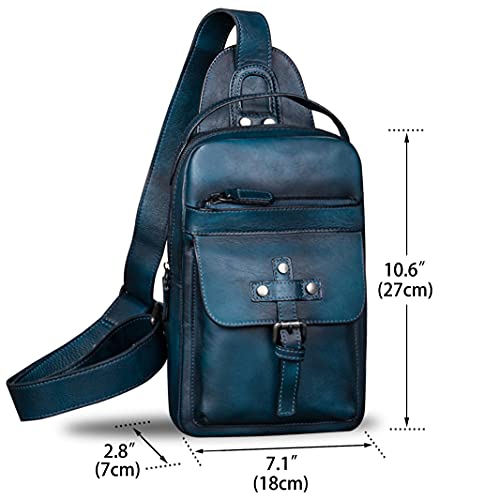 IVTG Genuine Leather Sling Bag Chest Shoulder Fanny Bag Hiking Backpack Vintage Handmade Crossbody Daypack (NavyBlue) - Image 5