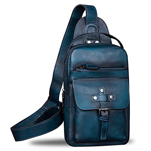IVTG Genuine Leather Sling Bag Chest Shoulder Fanny Bag Hiking Backpack Vintage Handmade Crossbody Daypack (NavyBlue) - Image 1
