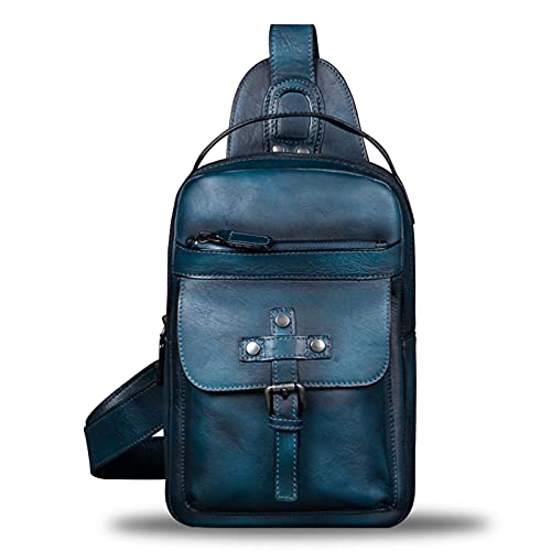 IVTG Genuine Leather Sling Bag Chest Shoulder Fanny Bag Hiking Backpack Vintage Handmade Crossbody Daypack (NavyBlue) - Image 2