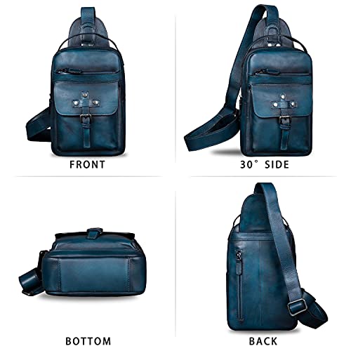 IVTG Genuine Leather Sling Bag Chest Shoulder Fanny Bag Hiking Backpack Vintage Handmade Crossbody Daypack (NavyBlue) - Image 4