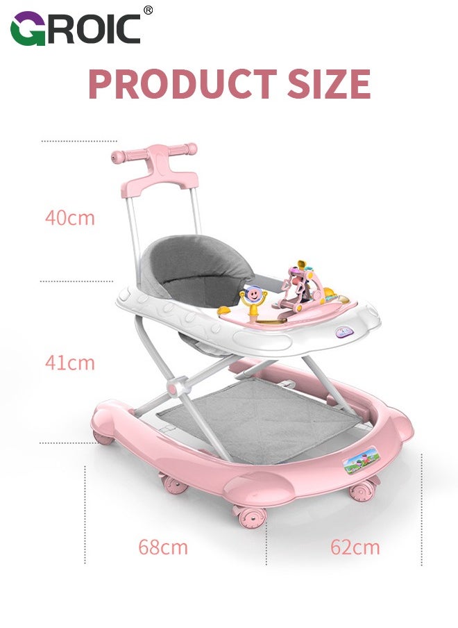 GROIC - 4 in 1 Baby Walker, Foldable, Discover & Play Musical Walker with Removable Footrest, Feeding Tray, 2 Mode Walk-Behind, Adjustable Height, High Back Padded Seat, Activity Walker with Toys - Image 1
