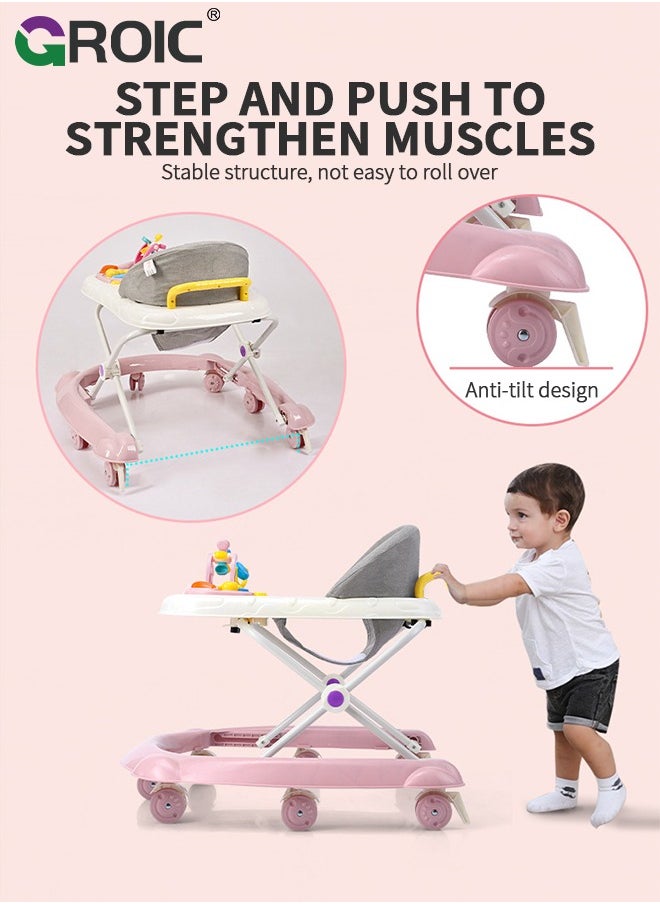 GROIC - 4 in 1 Baby Walker, Foldable, Discover & Play Musical Walker with Removable Footrest, Feeding Tray, 2 Mode Walk-Behind, Adjustable Height, High Back Padded Seat, Activity Walker with Toys - Image 1