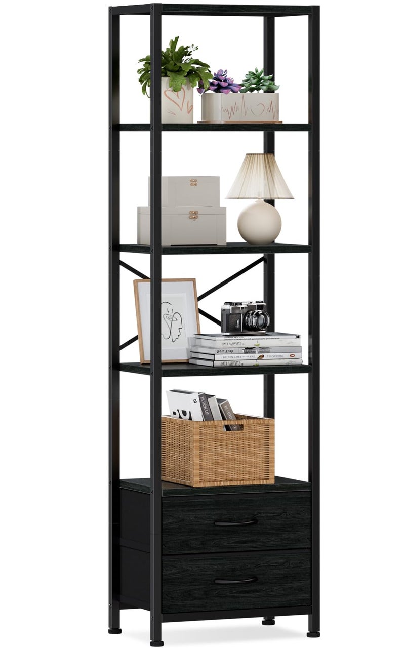 Furnulem 5-Tier Corner Shelf, Narrow Bookshelf with 2 Storage Drawers, 65.16" Tall Bookcase, Standing Shelf Organizer Unit for Living Room, Bedroom, Metal Frame, Wood Display Shelf(Black Oak) - Image 1