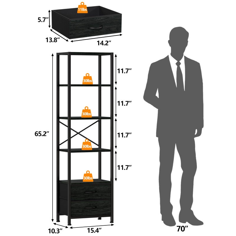 Furnulem 5-Tier Corner Shelf, Narrow Bookshelf with 2 Storage Drawers, 65.16" Tall Bookcase, Standing Shelf Organizer Unit for Living Room, Bedroom, Metal Frame, Wood Display Shelf(Black Oak) - Image 2