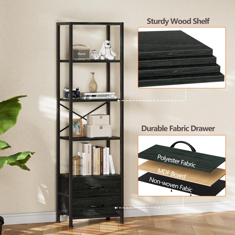 Furnulem 5-Tier Corner Shelf, Narrow Bookshelf with 2 Storage Drawers, 65.16" Tall Bookcase, Standing Shelf Organizer Unit for Living Room, Bedroom, Metal Frame, Wood Display Shelf(Black Oak) - Image 5
