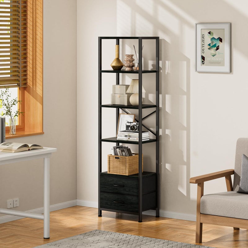 Furnulem 5-Tier Corner Shelf, Narrow Bookshelf with 2 Storage Drawers, 65.16" Tall Bookcase, Standing Shelf Organizer Unit for Living Room, Bedroom, Metal Frame, Wood Display Shelf(Black Oak) - Image 3