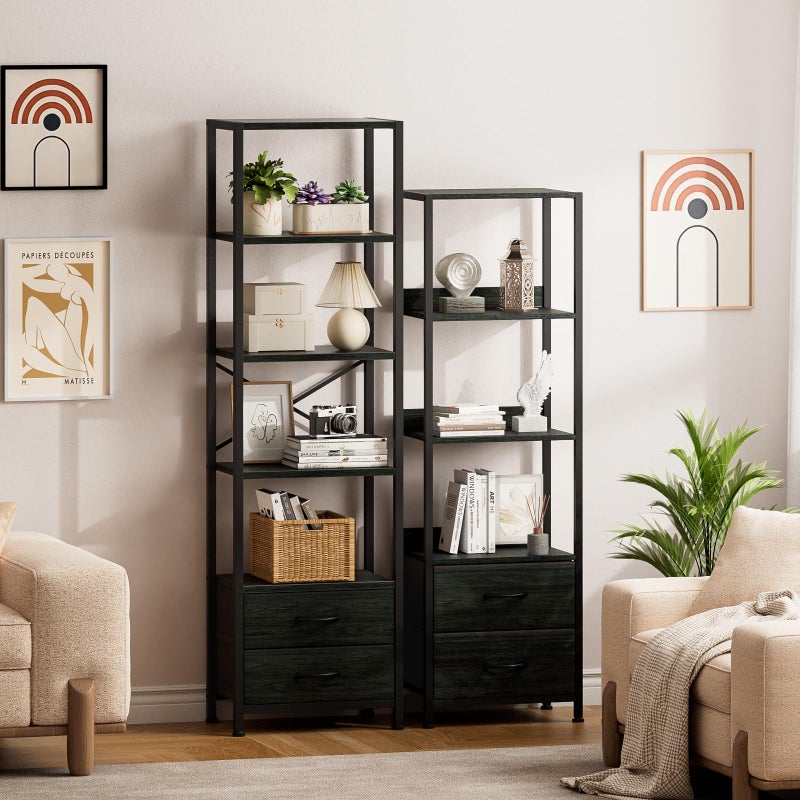 Furnulem 5-Tier Corner Shelf, Narrow Bookshelf with 2 Storage Drawers, 65.16" Tall Bookcase, Standing Shelf Organizer Unit for Living Room, Bedroom, Metal Frame, Wood Display Shelf(Black Oak) - Image 4