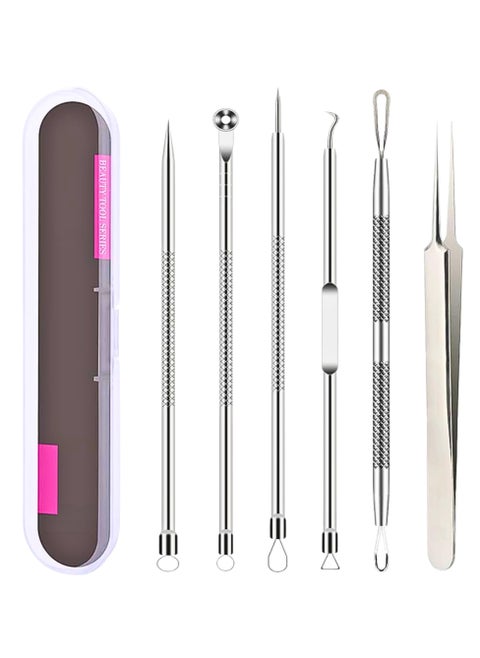 6 PCS Blackhead Remover Comedone Extractor Acne Needle Tools Set Professional Stainless Blackhead Tweezer Kit Removing Whitehead Popping Zit for Nose Face Skin Blemish Treatment Pimple Popper Tool Kit