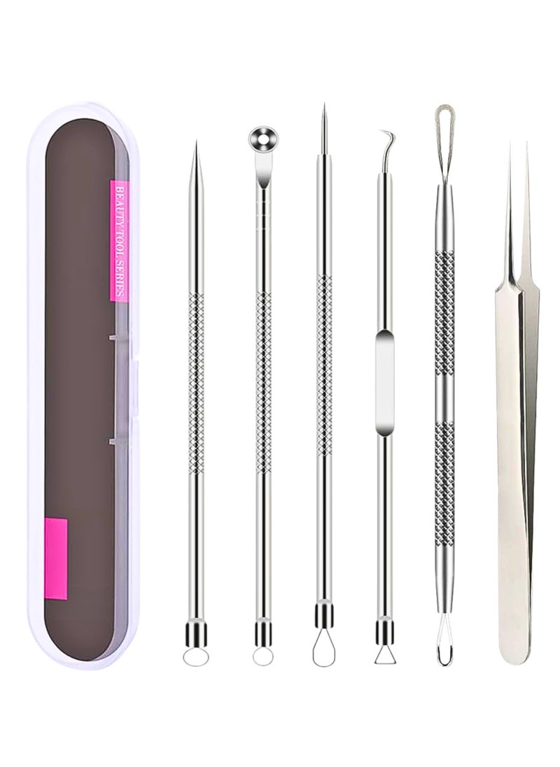 6 PCS Blackhead Remover Comedone Extractor Acne Needle Tools Set Professional Stainless Blackhead Tweezer Kit Removing Whitehead Popping Zit for Nose Face Skin Blemish Treatment Pimple Popper Tool Kit