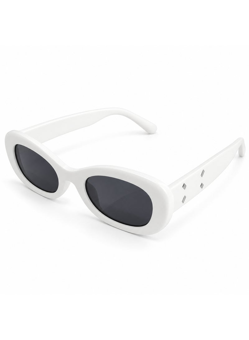 Retro Oval Sunglasses, Glossy White Frame, Dark Smoke Lenses - Image 1