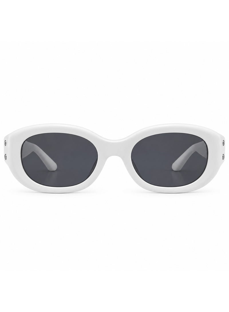 Retro Oval Sunglasses, Glossy White Frame, Dark Smoke Lenses - Image 2