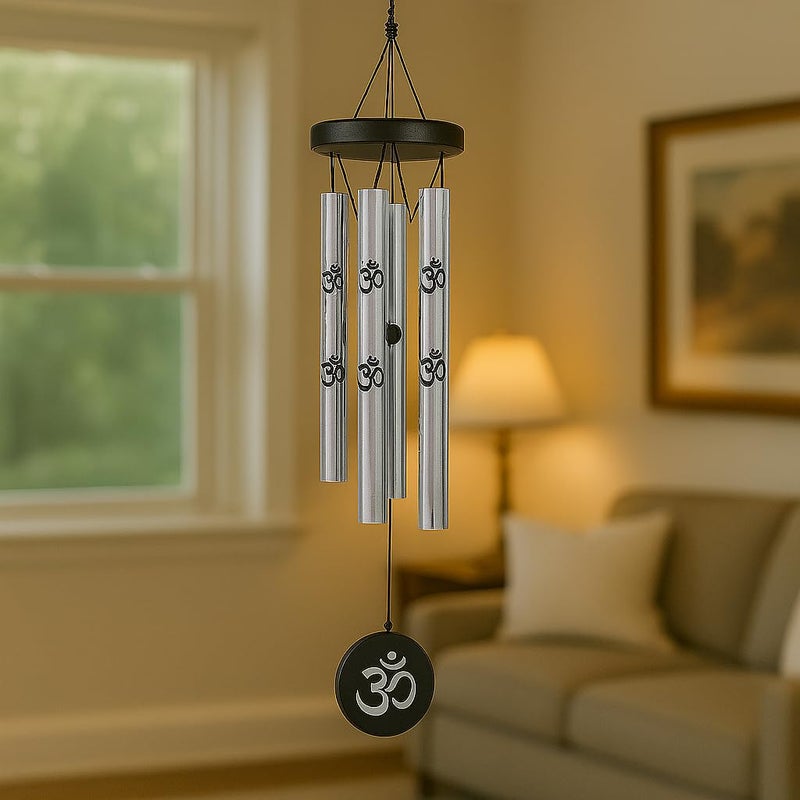LUVAE Wind Chime for Home & Balcony – 5 Pipe Metal OM Bells (Pack of 1) | Positive Energy Hanging Décor for Meditation, Vastu, Gift & Living Room (Silver) - Image 1