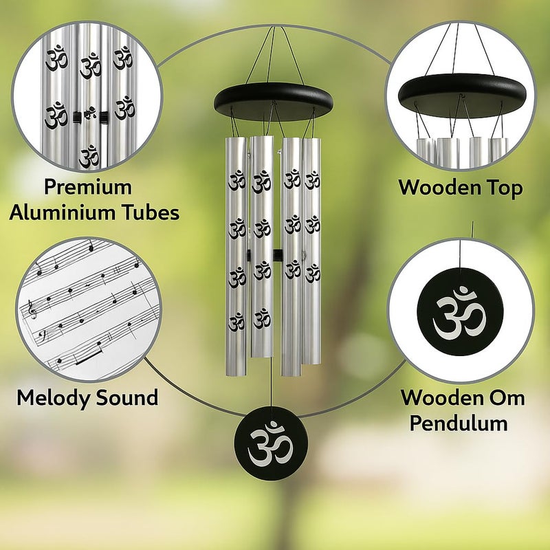 LUVAE Wind Chime for Home & Balcony – 5 Pipe Metal OM Bells (Pack of 1) | Positive Energy Hanging Décor for Meditation, Vastu, Gift & Living Room (Silver) - Image 3