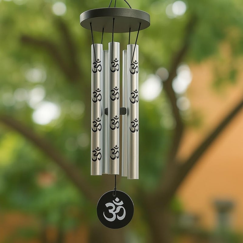 LUVAE Wind Chime for Home & Balcony – 5 Pipe Metal OM Bells (Pack of 1) | Positive Energy Hanging Décor for Meditation, Vastu, Gift & Living Room (Silver) - Image 5