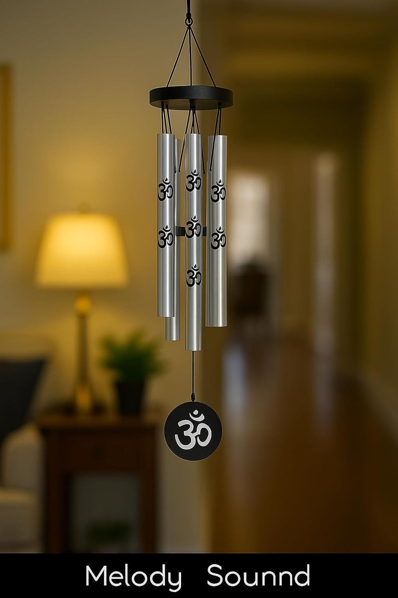 LUVAE Wind Chime for Home & Balcony – 5 Pipe Metal OM Bells (Pack of 1) | Positive Energy Hanging Décor for Meditation, Vastu, Gift & Living Room (Silver) - Image 2