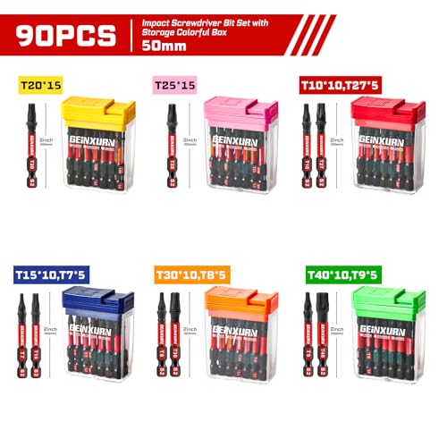 Geinxurn 90 Pieces Torx Impact Screwdriver Bits Set with Colorful Boxes 2 Magnetic T7T40 S2 Steel Multi Driver Bits with Box - Image 3