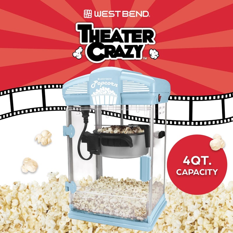 West Bend Stir Crazy Movie Theater Popcorn Popper, Gourmet Popcorn Maker with Nonstick Popcorn Kettle, Measuring Tool and Scoop , 4 Qt, Blue - Image 3
