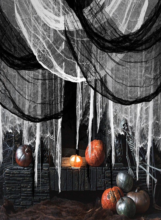 Paezm 8 Pack 72 x 32 Inch Halloween Black White Creepy Cloth (4 Black + 4 White) - Spooky Bloody Gauze Fabric Hanging Netting Cloth Decorations for Porch Doorways Table Yard, Outdoors Indoors Decor - Image 2