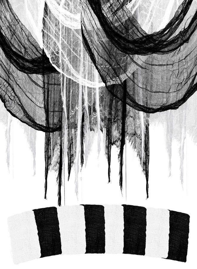 Paezm 8 Pack 72 x 32 Inch Halloween Black White Creepy Cloth (4 Black + 4 White) - Spooky Bloody Gauze Fabric Hanging Netting Cloth Decorations for Porch Doorways Table Yard, Outdoors Indoors Decor - Image 1
