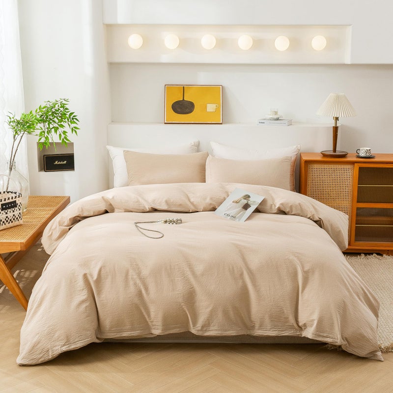 ECOCOTT ECOCOTT Beige Duvet Cover Queen Size 100 Washed Cotton 1 Duvet Cover with Zipper and 2 Pillowcases Ultra Soft and Easy Care Breathable Cozy Simple Style Bedding SetQueen Khaki 
