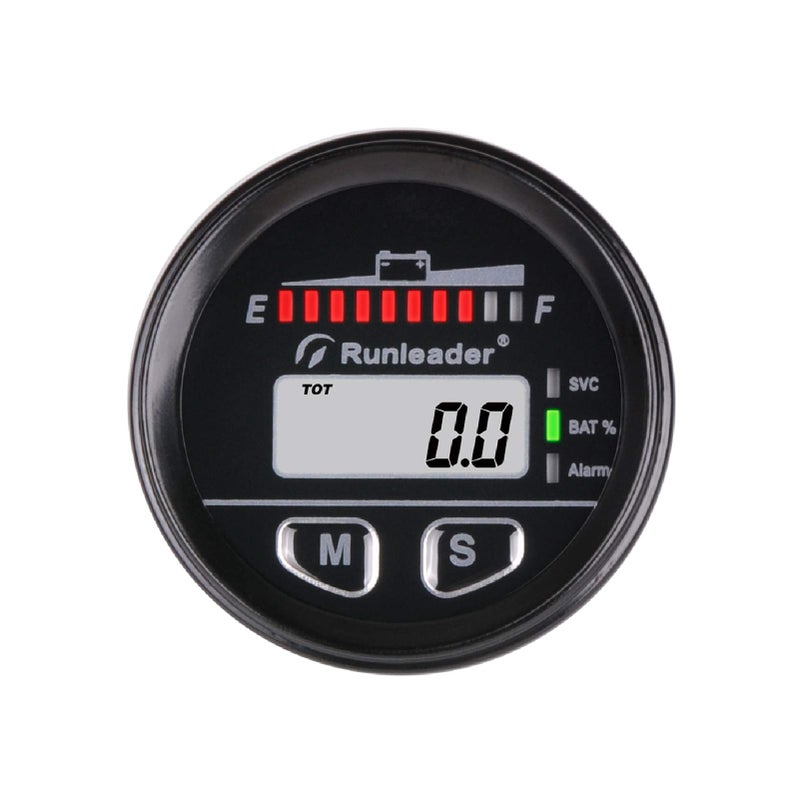 Runleader 12V to 48V Digital LED Battery Capacity Monitor Hours Volt Meter Gauge Suitable for Battery LeadAcid LiFePO4 Trojian Gel AGMWorks on Golf Club Forklift Go Kart RV Trailer Stacker