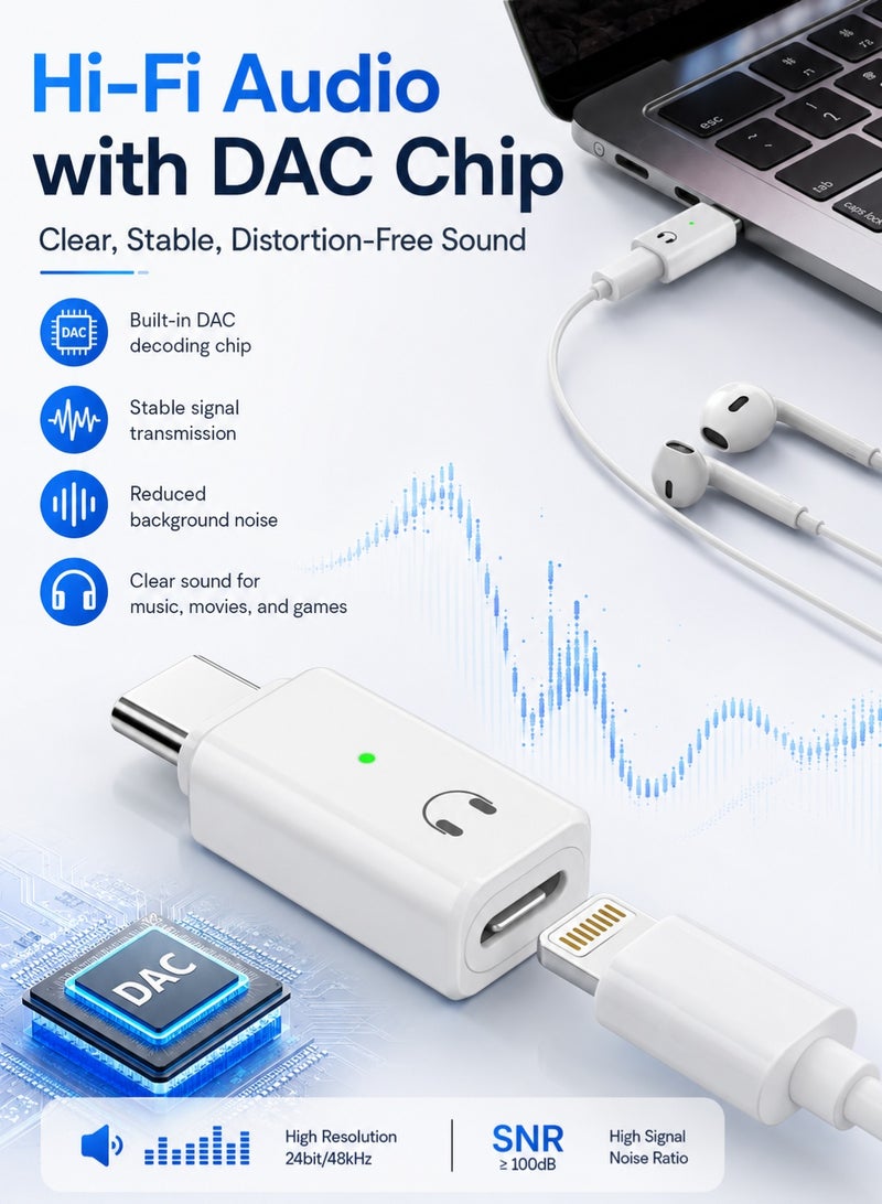 الفضاء الرقمي محول صوت USB C إلى Lightning، محول سماعة Type C إلى لايتنينج مع شريحة DAC، يدعم الموسيقى والمكالمات والتحكم السلكي، هيكل ألومنيوم، للهواتف والأيباد والماك بوك (صوت فقط، غير مخصص للشحن) - Image 4