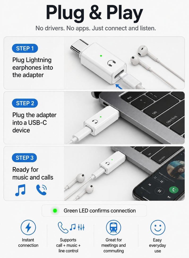 الفضاء الرقمي محول صوت USB C إلى Lightning، محول سماعة Type C إلى لايتنينج مع شريحة DAC، يدعم الموسيقى والمكالمات والتحكم السلكي، هيكل ألومنيوم، للهواتف والأيباد والماك بوك (صوت فقط، غير مخصص للشحن) - Image 3