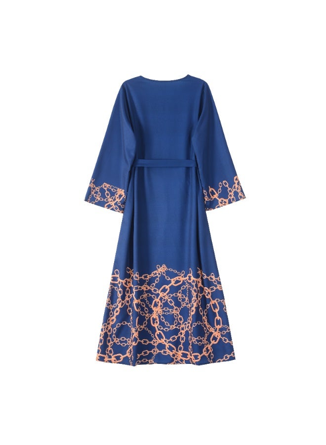 Women's Blue Jalabiya with Chain Print, Long Sleeve Elegant Kaftan Maxi Dress with Belt - Image 2