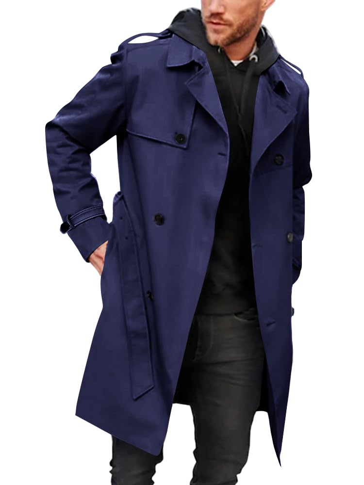 Gafeng Mens Trench Coat Slim fit Double Breasted Belted Windbreaker Lapel Long Jacket Casual Windproof Overcoat