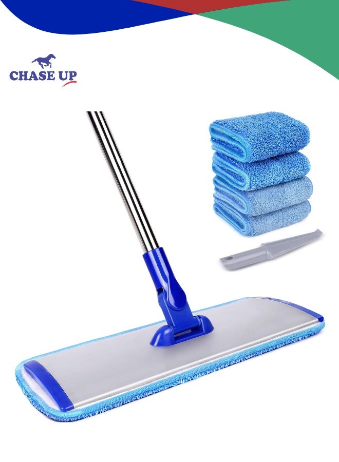 Chase Up 18" Professional Microfiber Floor Cleaning System, Flat Mop With Stainless Steel Handle, 4 Reusable Washable Pads for Wet and Dust Mopping on Hardwood, Vinyl, Laminate, Tile - Image 1