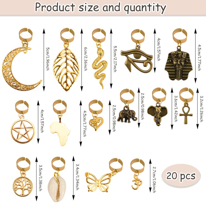 Messen 20 PCS Locs Braids Hair Cuffs 15 Styles Vintage African Pendant Charms Butterfly Shell DIY Hair Accessories (Bronze and Gold) - Image 2