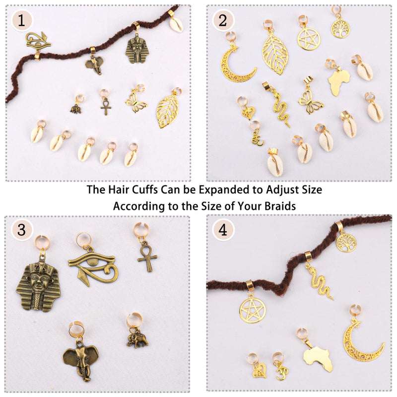 Messen 20 PCS Locs Braids Hair Cuffs 15 Styles Vintage African Pendant Charms Butterfly Shell DIY Hair Accessories (Bronze and Gold) - Image 3