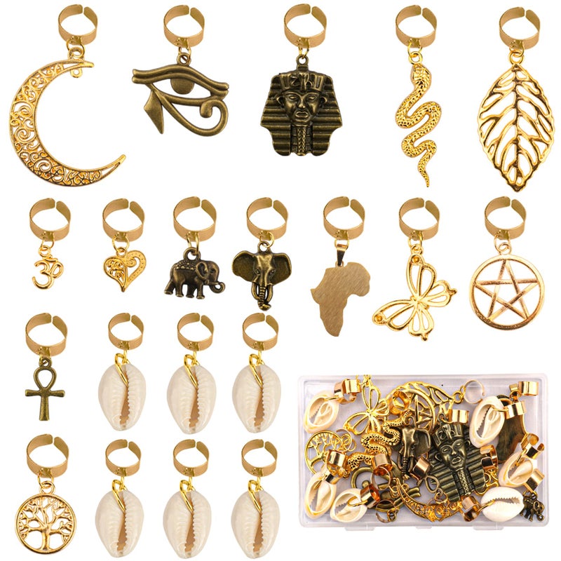 Messen 20 PCS Locs Braids Hair Cuffs 15 Styles Vintage African Pendant Charms Butterfly Shell DIY Hair Accessories (Bronze and Gold) - Image 1