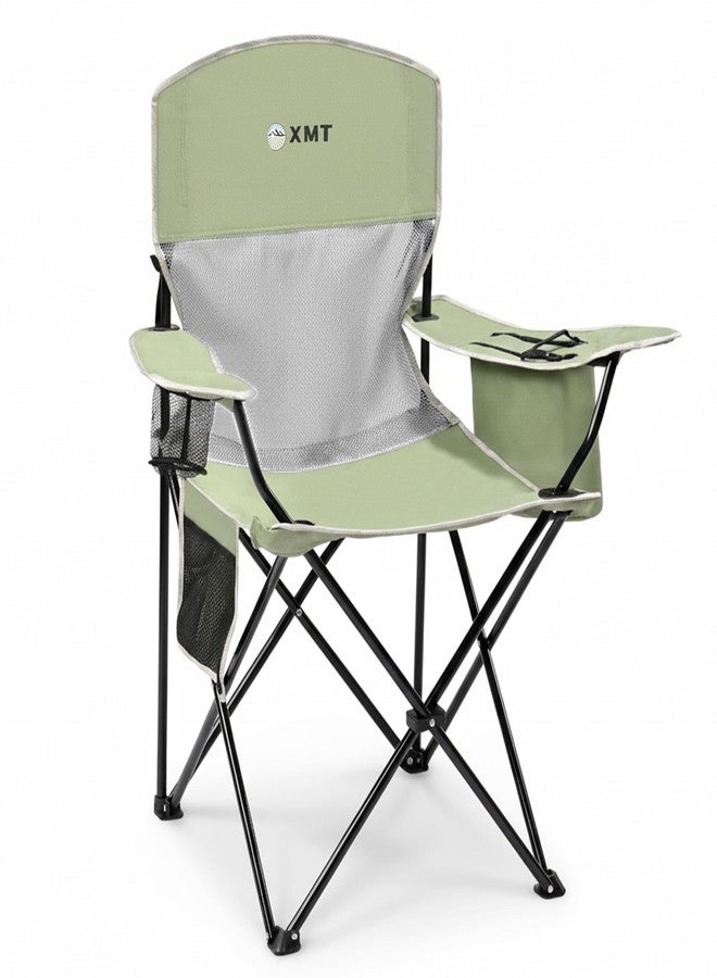 XMT Portable Outdoor Folding Chair with Cup Holder & Cooler Bag - Breathable Mesh, Wide Armrests, Ergonomic Design for Camping, Beach, Backyard - Includes Storage Bag & Bottle Opener (Black/Green/Red) - Image 1