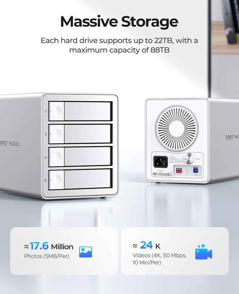 Orico 4Bay RAID External Hard Drive Enclosure USB3.0 for 2.5/3.5 Inch SATA HDD/SSD up to 5X 22TB Supports RAID 0/1/3/5/10/JBOD/Clone/ClearMode -9948RU3 - Image 3