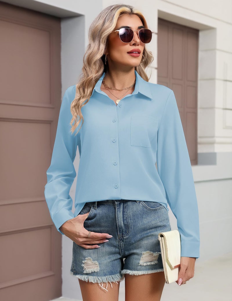 HOTOUCH Button Down Shirts for Women Long Sleeve Business Casual Tops Blue Spring Outfits 2026 Fashion Blouses L - Image 4