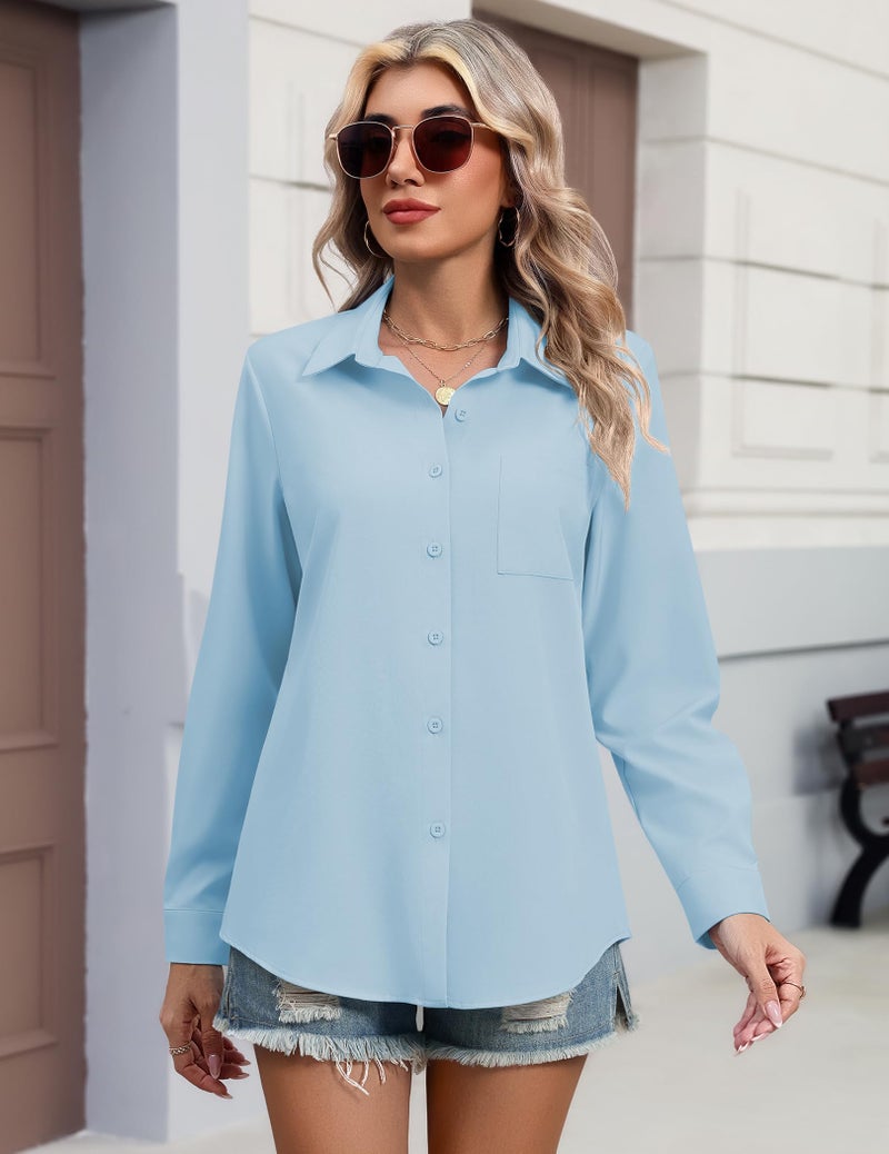 HOTOUCH Button Down Shirts for Women Long Sleeve Business Casual Tops Blue Spring Outfits 2026 Fashion Blouses L - Image 5