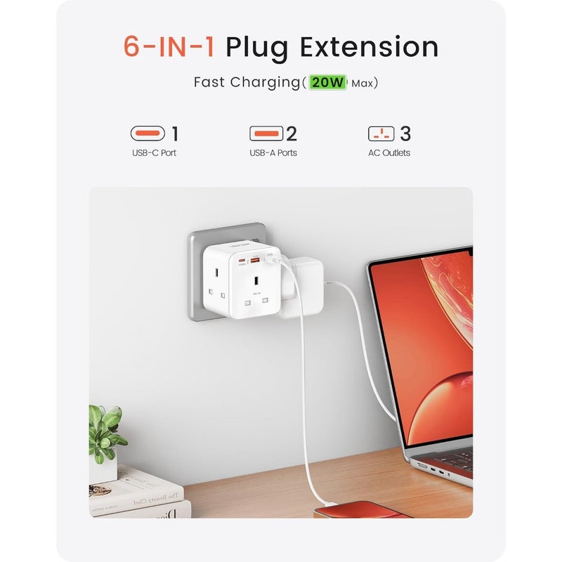 Multi Plug Extension 3 Way Socket Adapter with PD QC 3.0 Fast Charging 20W Output Home Office Travel Use Compact Design Black - Image 2