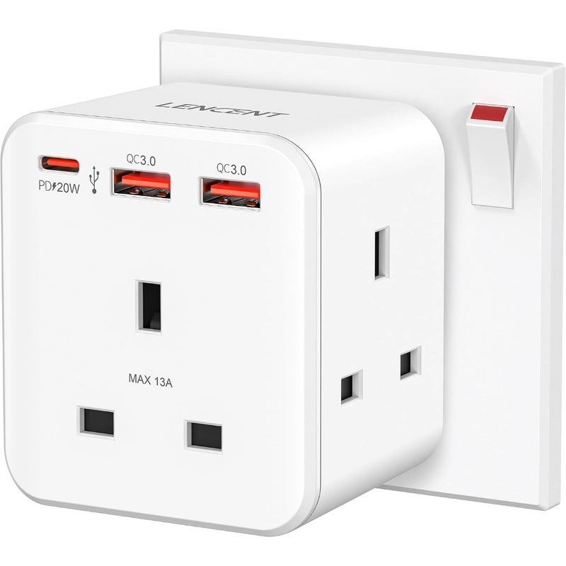 Multi Plug Extension 3 Way Socket Adapter with PD QC 3.0 Fast Charging 20W Output Home Office Travel Use Compact Design Black - Image 1