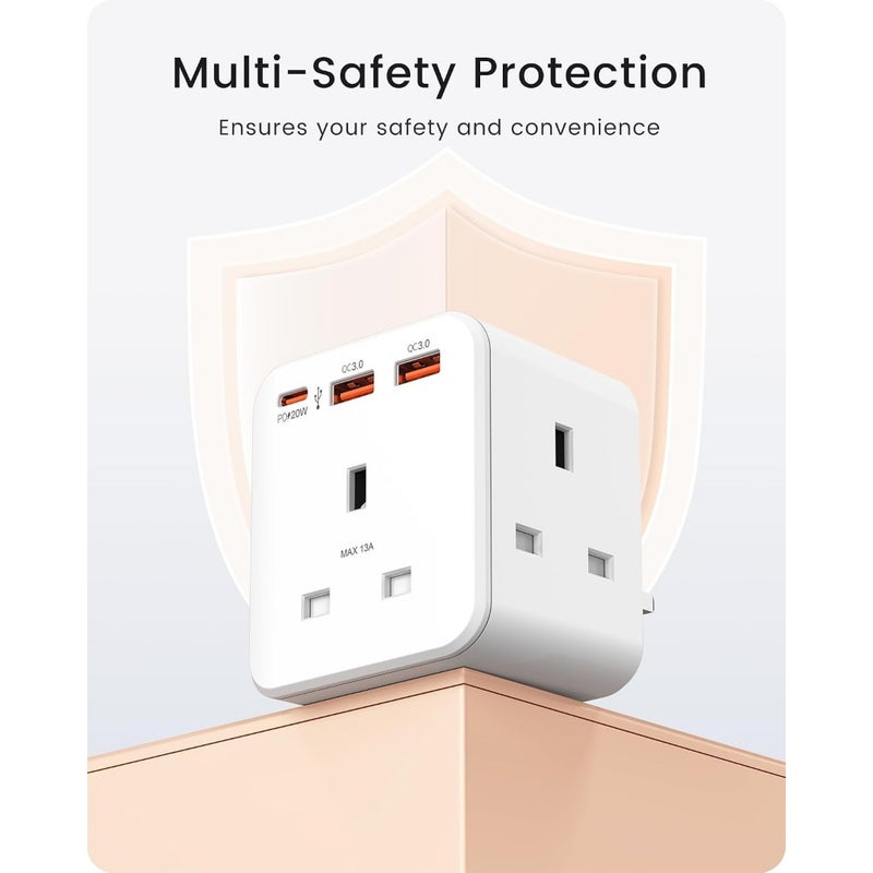 Multi Plug Extension 3 Way Socket Adapter with PD QC 3.0 Fast Charging 20W Output Home Office Travel Use Compact Design Black - Image 5
