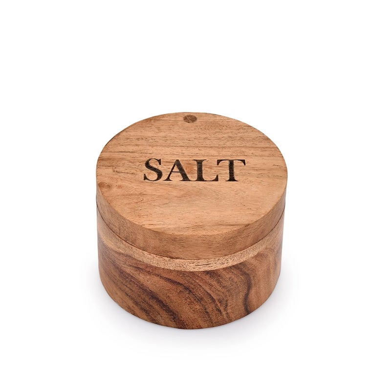 EDHAS Acacia Wood Round Condiment Pot with Magnetic Swivel Lids for Kitchen Countertop Salt Engraved on Lid 35 x 35 x 25