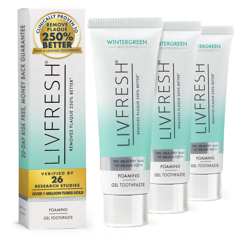LIVFRESH Toothpaste Gel, Clinically Proven to Remove Plaque 250% Better, Improves Gum Health 190% Better, Prevents & Reduces Tartar, Freshens Breath, SLS Free Dental Gel, Wintergreen, 3 Pack - Image 1