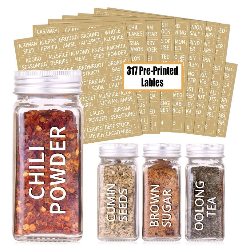 SWOMMOLY SWOMMOLY 48 Glass Spice Jars with 713 Spice Labels, Chalk Marker and Funnel Complete Set. 48 Square Glass Jars 4OZ, Airtight Cap, Pour/sift Shaker Lid  - Image 2