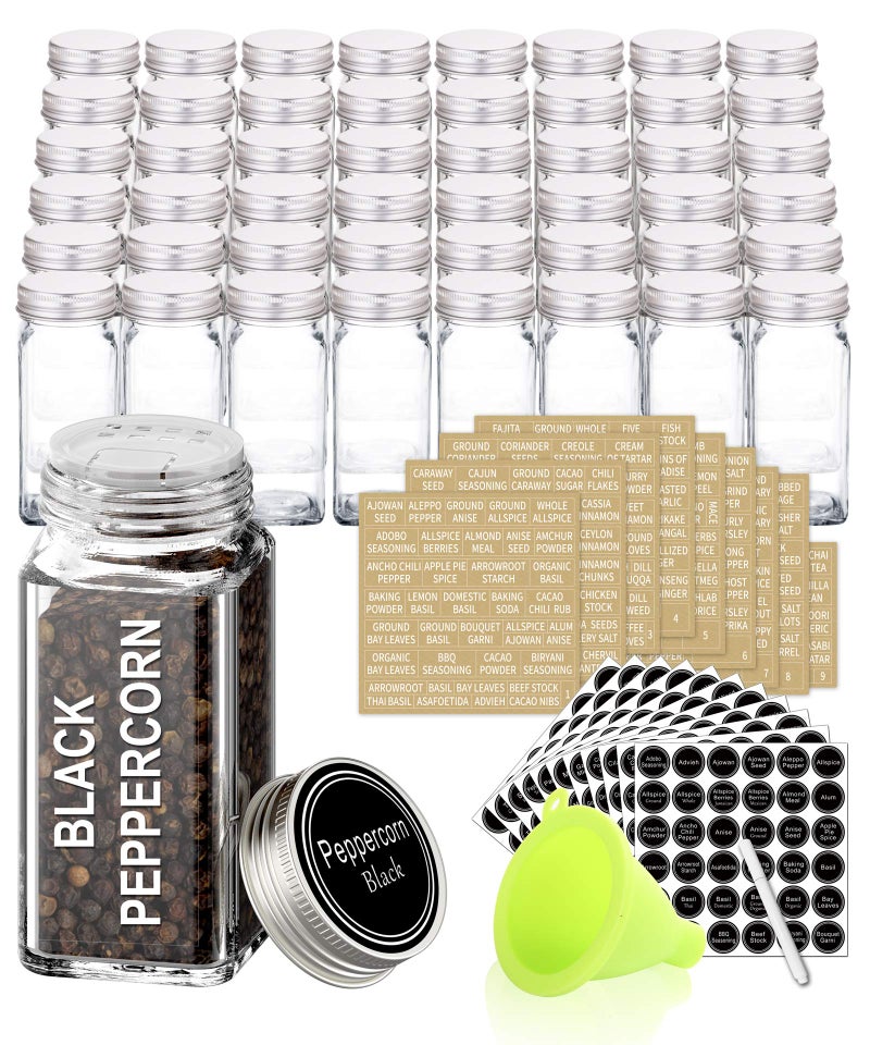 SWOMMOLY SWOMMOLY 48 Glass Spice Jars with 713 Spice Labels, Chalk Marker and Funnel Complete Set. 48 Square Glass Jars 4OZ, Airtight Cap, Pour/sift Shaker Lid  - Image 1