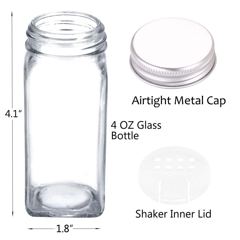 SWOMMOLY SWOMMOLY 48 Glass Spice Jars with 713 Spice Labels, Chalk Marker and Funnel Complete Set. 48 Square Glass Jars 4OZ, Airtight Cap, Pour/sift Shaker Lid  - Image 4