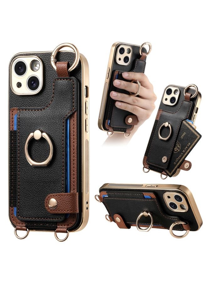 HuHa Case Cover For iPhone 14 Plus Fashion Ring Card Bag Phone Case with Hang Loop Black 